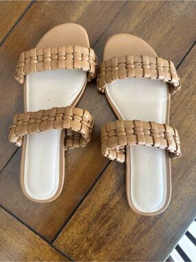 Stuart Weitzman Woven Double-Strap Slide Sandals - Camel Tan